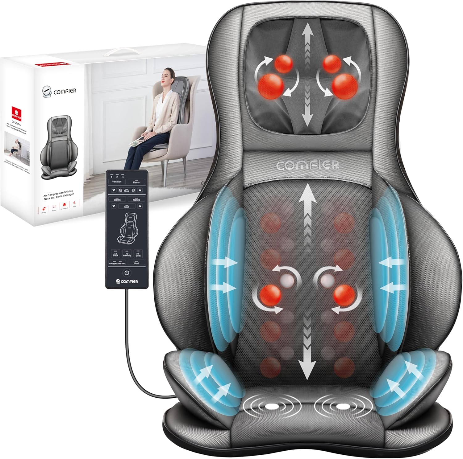 00a0cf1cc532b33ba3c17a6c531ef4dba8e9f287d71bb70a4ffd1af745b7d7a6 COMFIER Massager Chair with Heat Shiatsu Neck Back Massager Portable with Compress Rolling Massage Chair Pad for Full Back Neck Shoulders Full Body Pain(Gray)