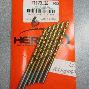 KLYNE - (6) #13 (.1850") Jobber Length Drill Bits 118Deg Angle Tin Hss