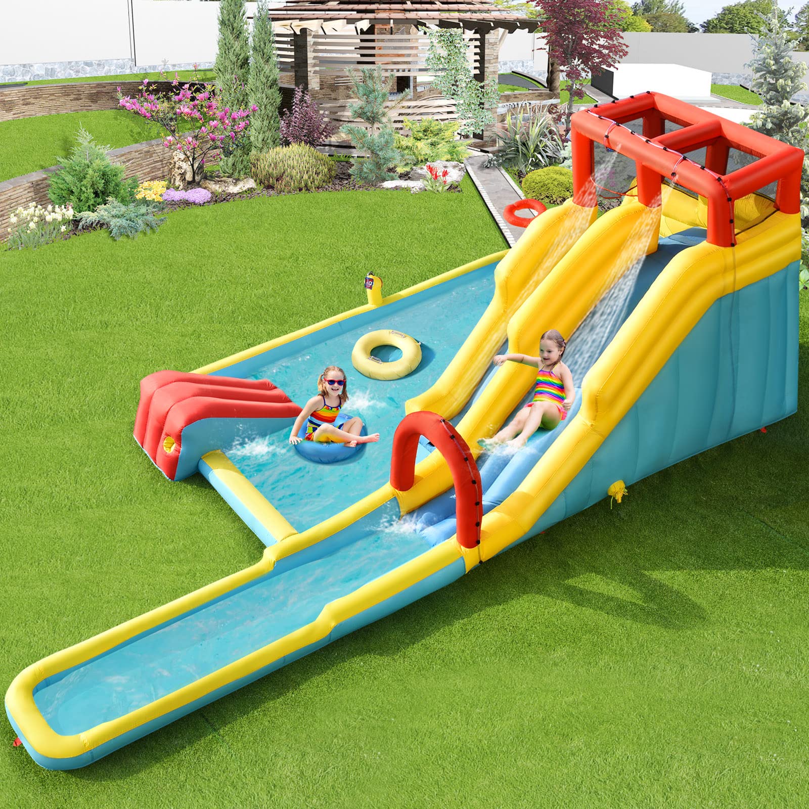 00fabb8fbeb57719aee8a05320b8e411ccc1d6fad3b080d8929571797cb2b958 Inflatable Water Slide, 7-in-1 Double Long Slide Inflatable Water Park w/Climbing Wall