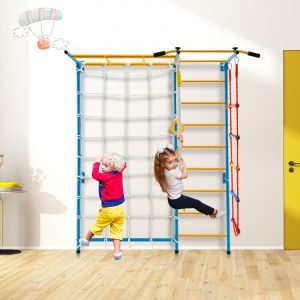 7 In 1 Kids Indoor Gym Playground Swedish Wall Ladder for Solid Wall(7-in-1 Ladder Wall Set with Rope Wall/Yellow)