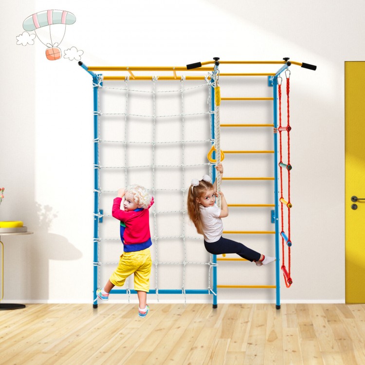 015e916106207efc8716d1816123f439fef74a1cb53b78cae16026e1f3daab65 7 In 1 Kids Indoor Gym Playground Swedish Wall Ladder for Solid Wall(7-in-1 Ladder Wall Set with Rope Wall/Yellow)