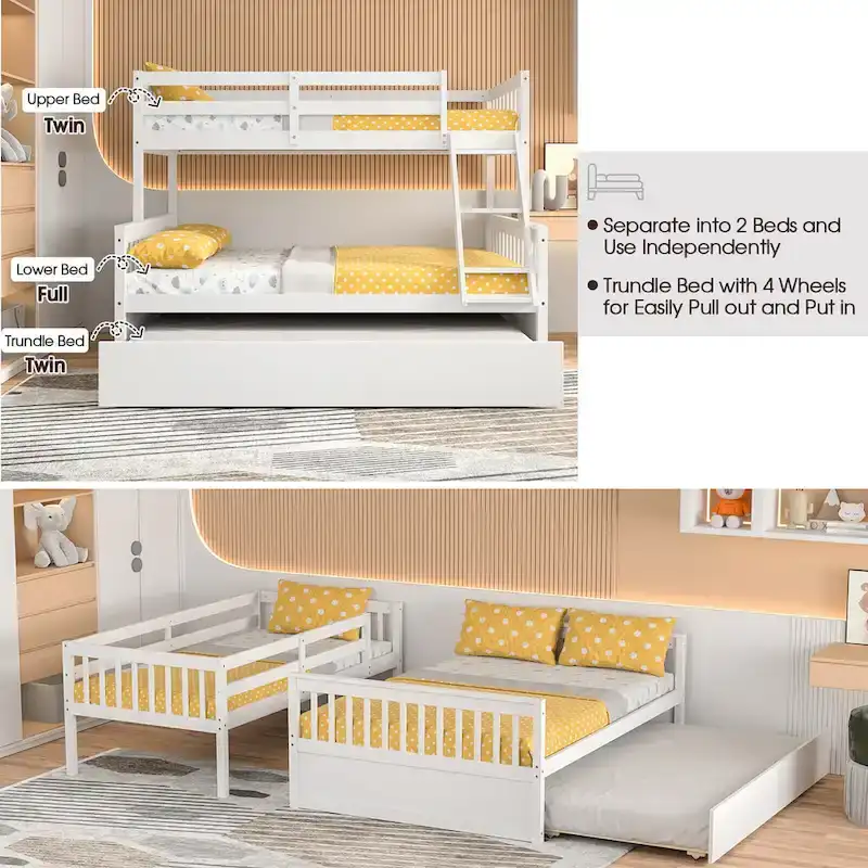 01c94c8c3dfb07885cd12ffeec87d1ca27ad327f1dde5a5a515b43b6a0351279 Gymax Twin Over Full Bunk Bed with Twin Trundle Convertible Platform(Brown)