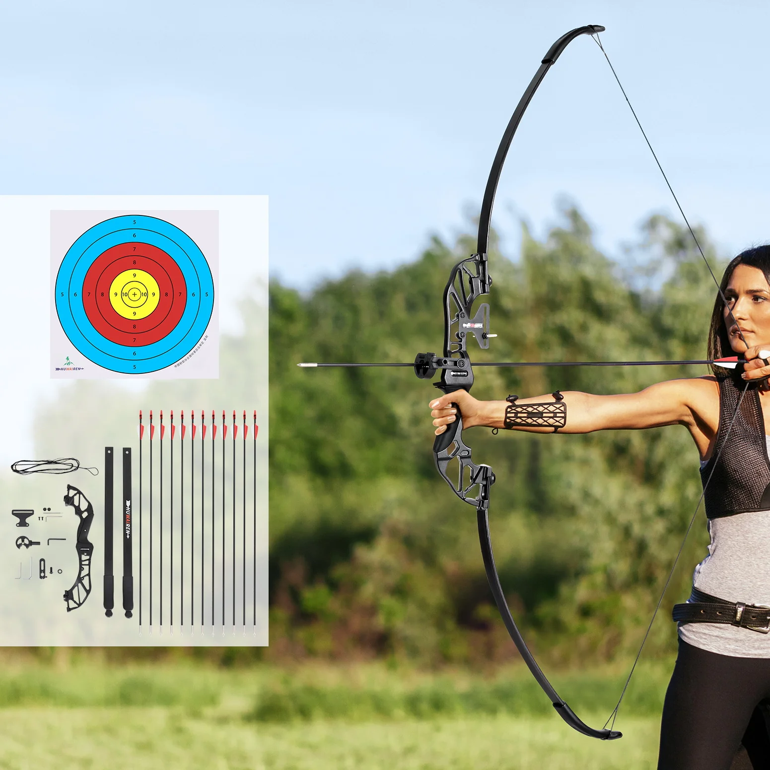 0272af3166b0d35f8675af9e7e70f7cc31649f29e922f69f149170f335beab95 55lbs Recurve Bow Arrow Set, Fiberglass Arrows, Everfit