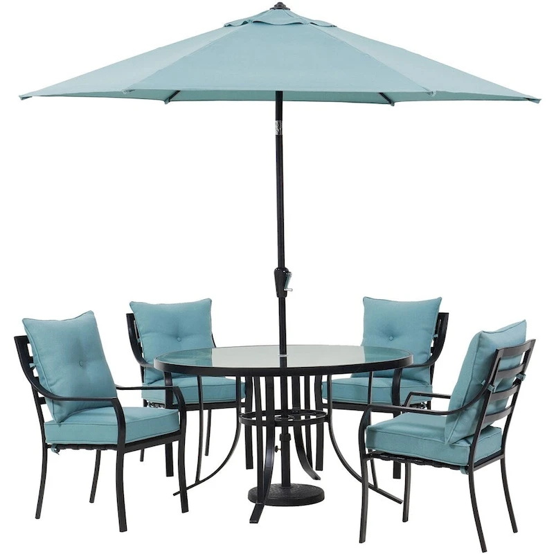 0360ac9be93b53b3a7e8c07cf6ba94b00e453376d6224f3a7513ab36592000c3 Hanover Lavallette 5-Piece Dining Set in Ocean Blue with 4 Stationary Chairs, 52-In. Round Glass-Top Table, Umbrella, and Base