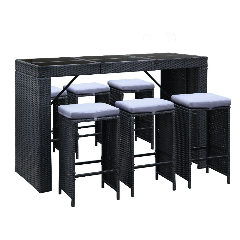 03bd8e343e7cf34e1d720313f46cee55367eba3fd0aa50427d4f1e0fd1a77a77 Gardeon 7-Piece Outdoor Bar Set Dining Table Stools Wicker Patio Setting