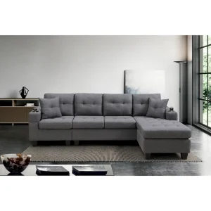 Sectional Sofa Living Room with L Shape Chaise Lounge and cup holder(Grey)