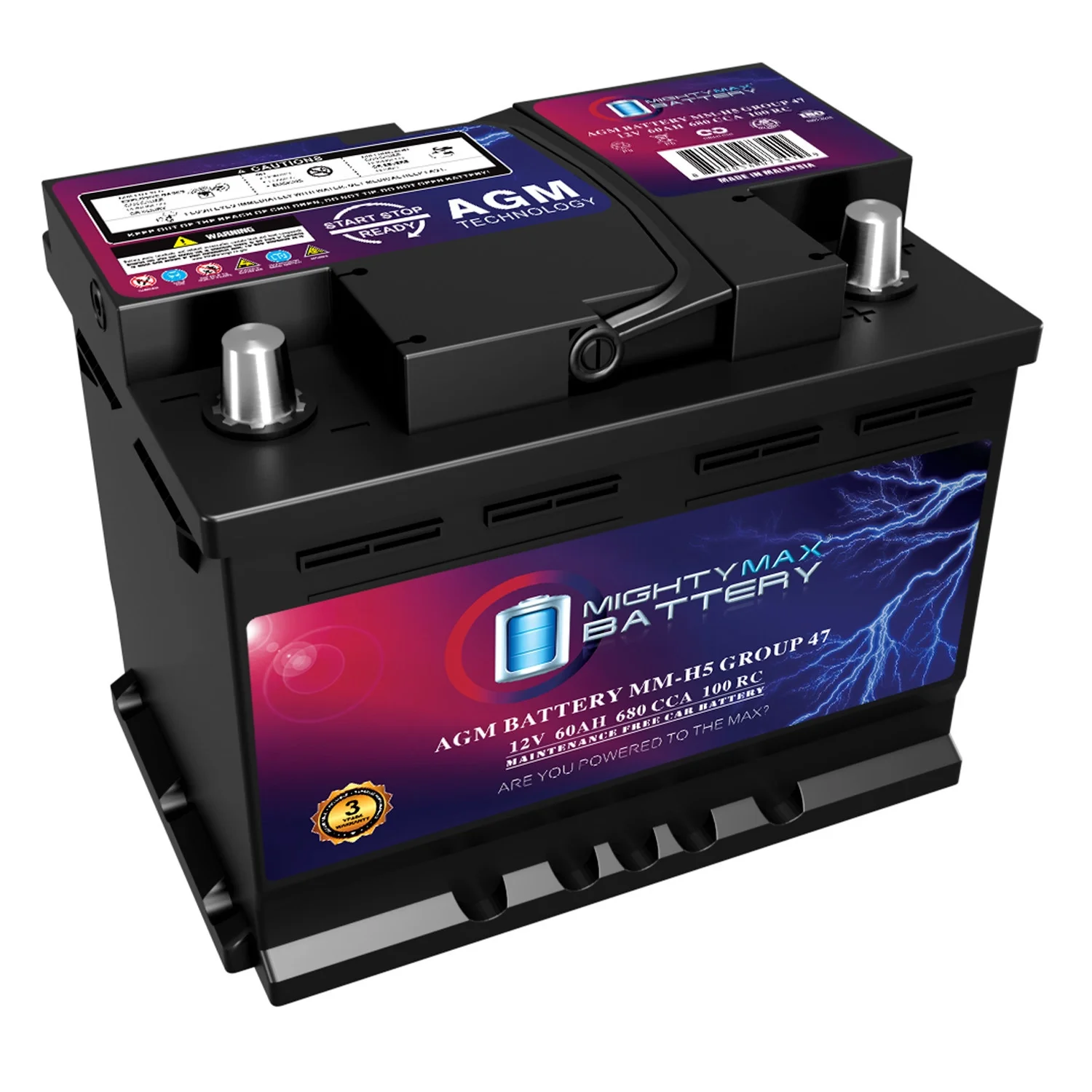 06d964f02cd5bb4c0c8148346bc0b575550db5d2231d8d155e294442da952e6b MM-H5 Start and Stop Car BCI Group Size 47 12V 60 AH, 100RC, 680 CCA Rechargeable AGM Car battery