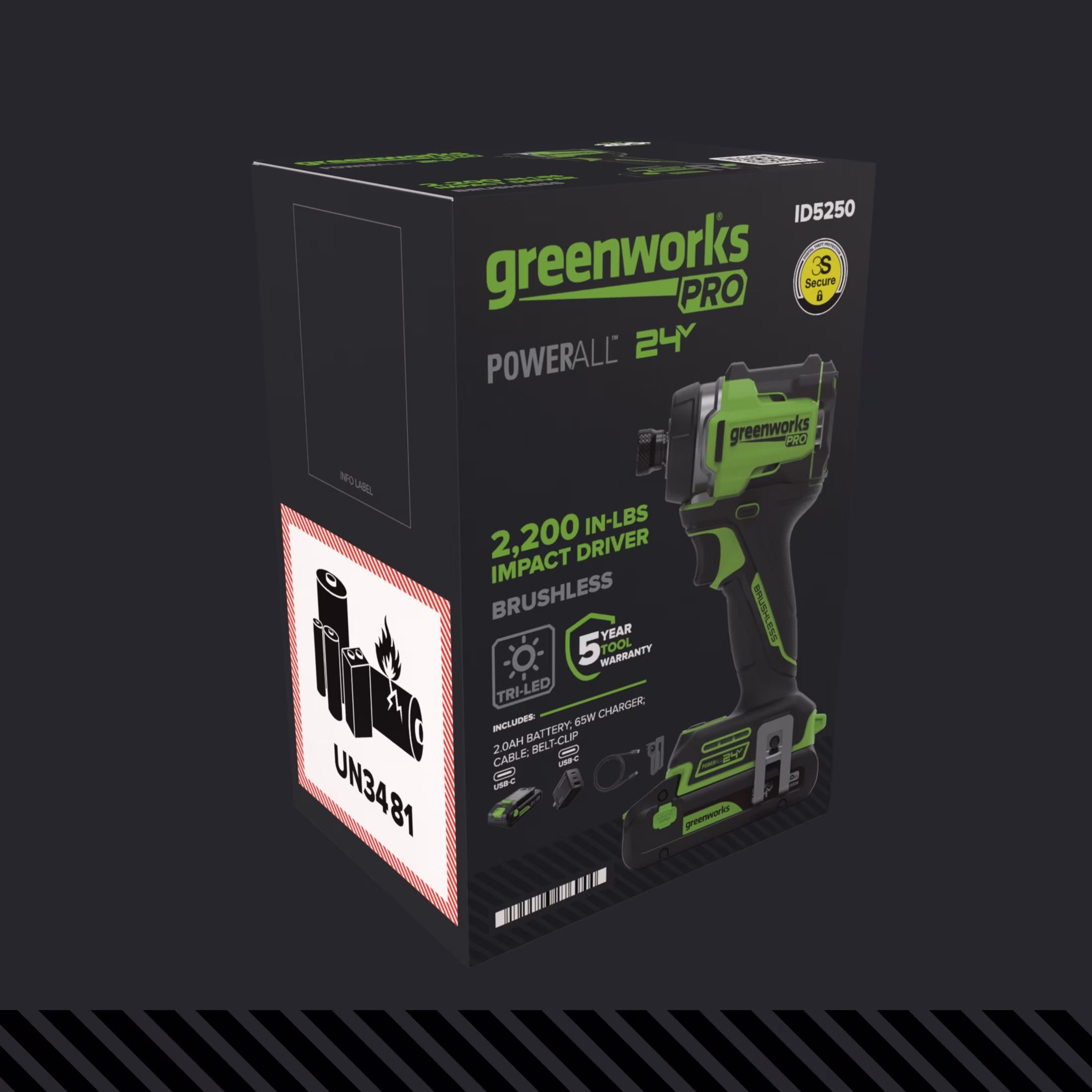 081e42440876e8c0a05b07339855907e68e5597b3970016c5b1ac5670162fa8d Greenworks Pro PowerAll 24V Brushless 2200 In-lb Impact Driver, 2Ah USB-C Battery, 65W Charger and Cable, ID5250A2