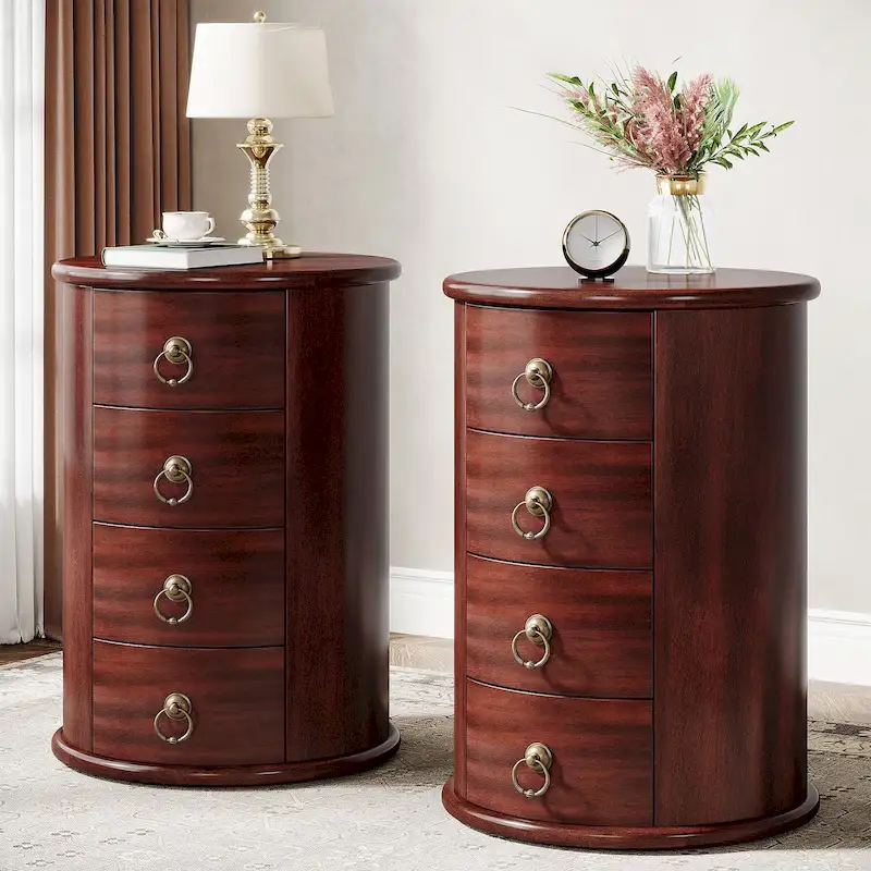 0961a979e394595a7e9702b08b310c7331b1336e45e907bd360b9f2440be411b No Assembly Solid Wood End Table, Vintage Round Side Drawers Table(Cherry-2pcs)