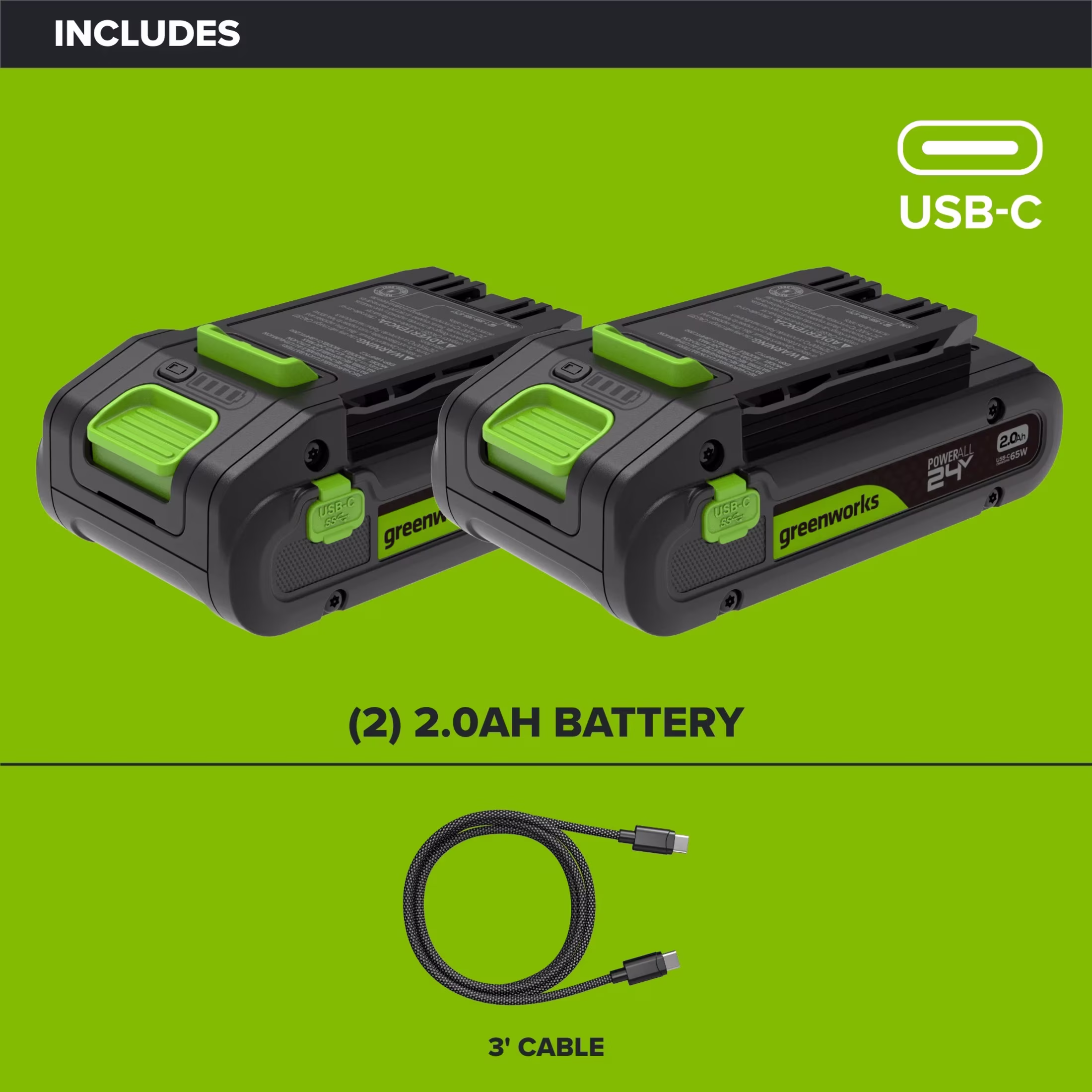 Greenworks PowerAll 24V Battery 2-Pack with 2.0 Ah Batteries with Cable, K2D4NNAA3