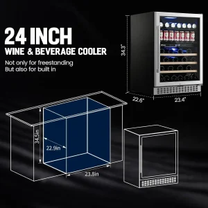 24 inch Dual Zone Beverage Refrigerator 30 Bottles 82 Cans Wine Fridge Built-in or Freestanding(24 inches 20 bottles 88 cans)