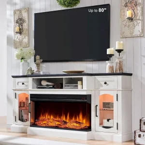 Farmhouse Electric Fireplace TV Stands up to 80, Entertainment Center(Antique White)