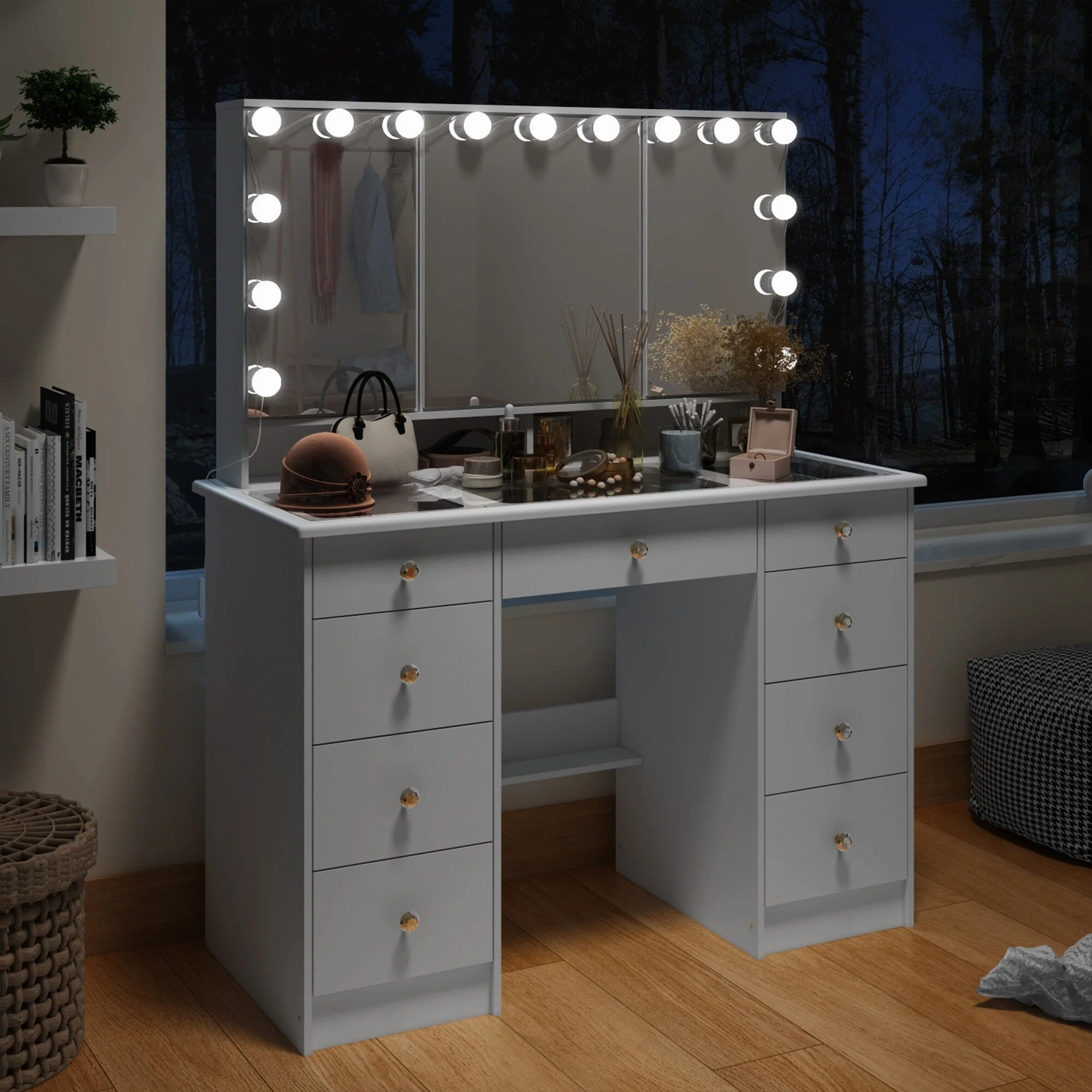 0b206b41131e104f84275902f37a6cbdbafa73c8dcc1f6594b2a3eb199e19970 Makeup Vanity w/Tri-Fold Mirror Certified Lighting Glass Top Dresser(White)