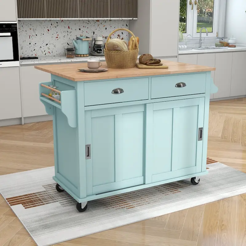 0b4e019f954c2ddbb3a0156bd73e33bbd2225af9ae90ef0875d09fc89d1d6939 Kitchen Cart with Rubber wood Drop-Leaf Countertop, Concealed sliding barn door adjustable height,Kitchen Island on 4 Wheels(White)