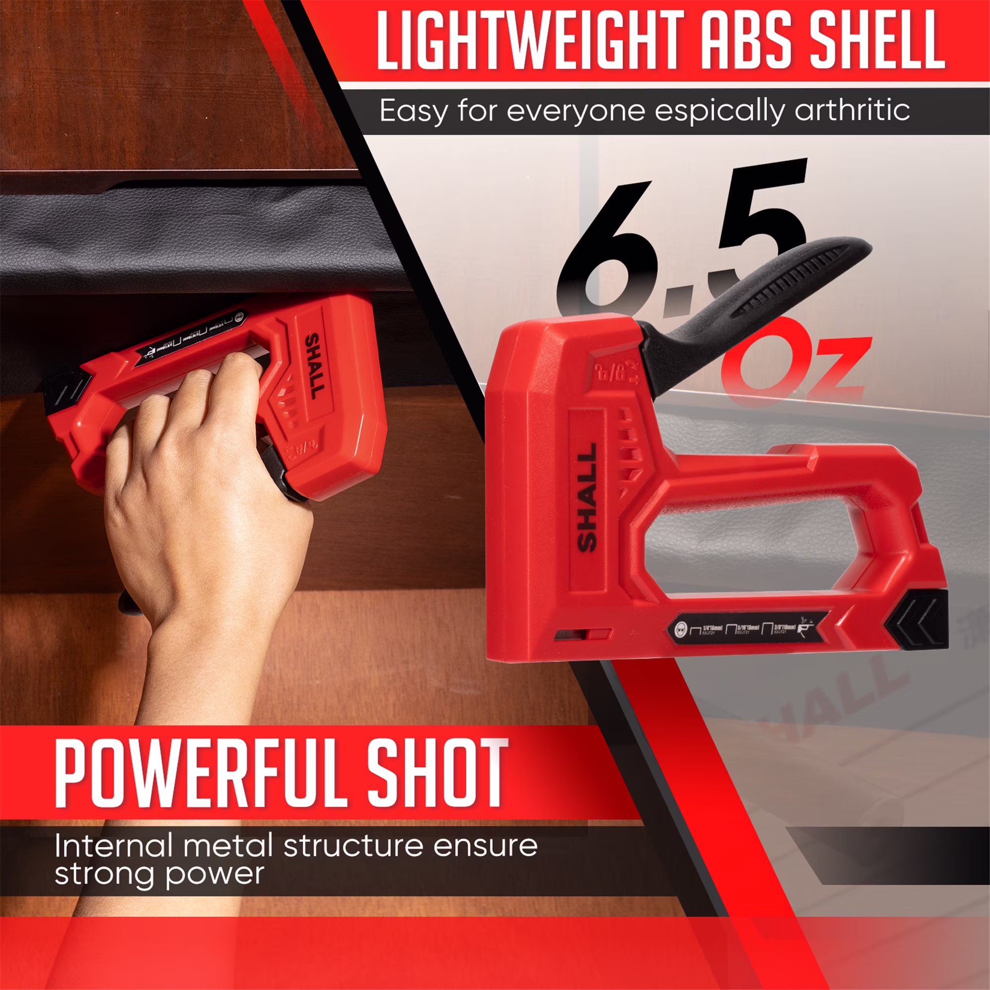 0b63bfefc392b2fdd7df87af62f4b21964a94bd742126c1bf643479010765849 SHALL Light Duty Staple Gun for Wood - Red Upholstery Staple Gun with 1600pcs JT21 Staples 1/4, 5/16, 3/8 inch and Staple Remover - Fabric Stapler Gun for Crafts, DIY, Decoration