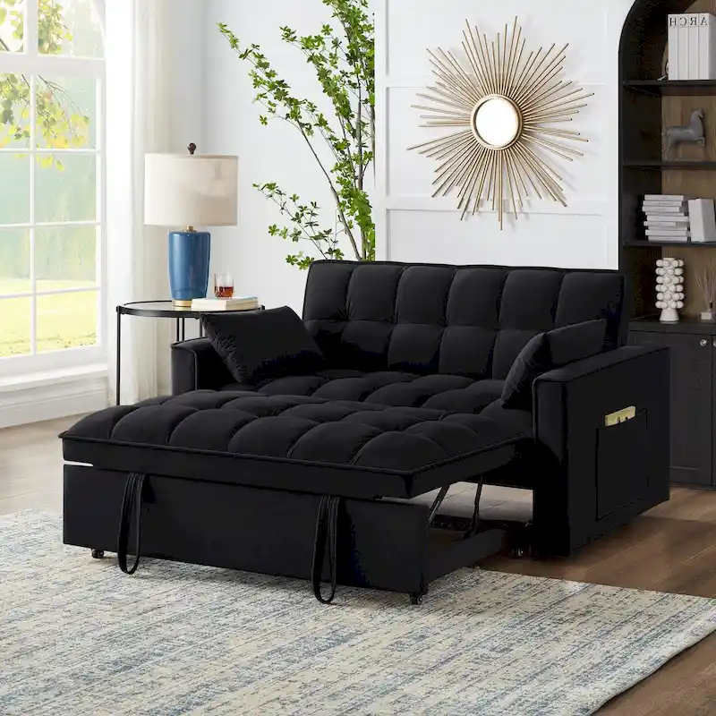 0b697104a9f5126eacce5a82b7bbd8746f531d8586f5094a2d84b43ea3c90e30 4-in-1 Pull-Out Sleeper Sofa Bed - Loveseat in Velvet -Convertible Couch Bed with Reclining Backrest,2 Side Pockets(Black)