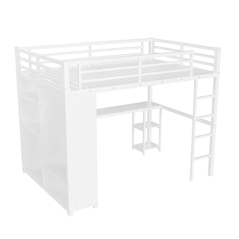 0bd21f33b9344b4f77690d21f8121b08f7139a59cb69ae941331765bfae9a0be Queen Loft Bed - Built-in Wardrobe Desk, Metal Frame with Shelves(Off White)