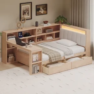 L-shaped Wooden Sofa Daybed with Desk, Bookcase Cabinet, Corner Bed with Under-bed Drawers, Upholstered Headboard Built-in Light(Natural/TWIN)