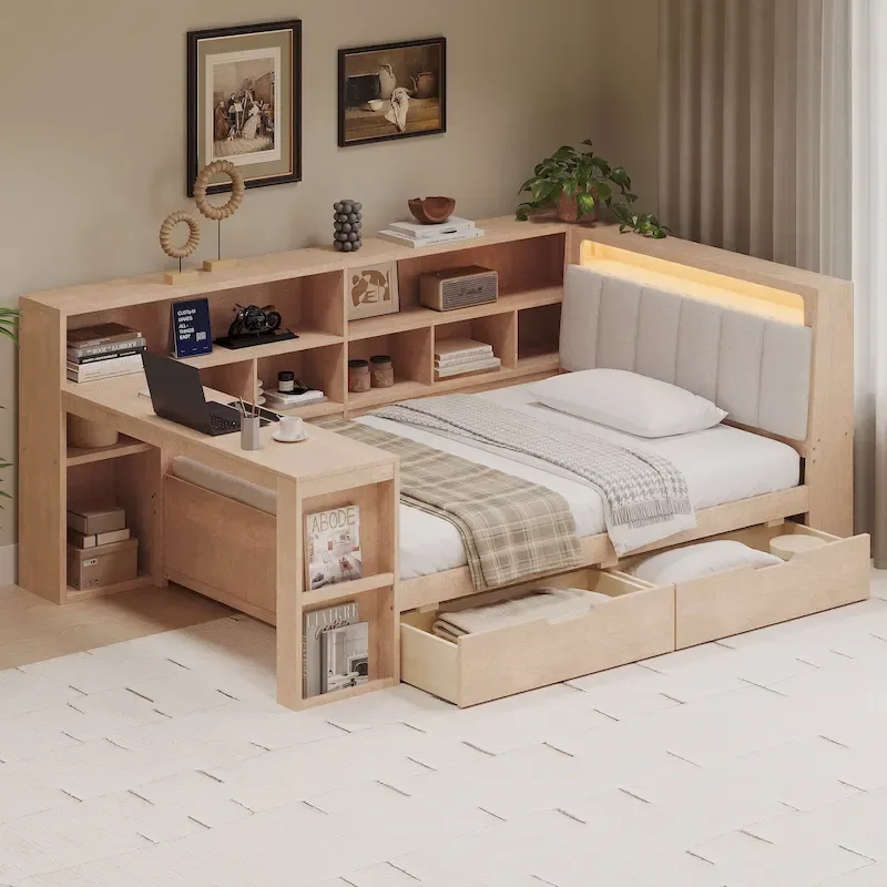 0bda4c5fd23396126cf272c81b8bd9d2e52f997a897ea4a87df91699ac2d670e L-shaped Wooden Sofa Daybed with Desk, Bookcase Cabinet, Corner Bed with Under-bed Drawers, Upholstered Headboard Built-in Light(Natural/TWIN)