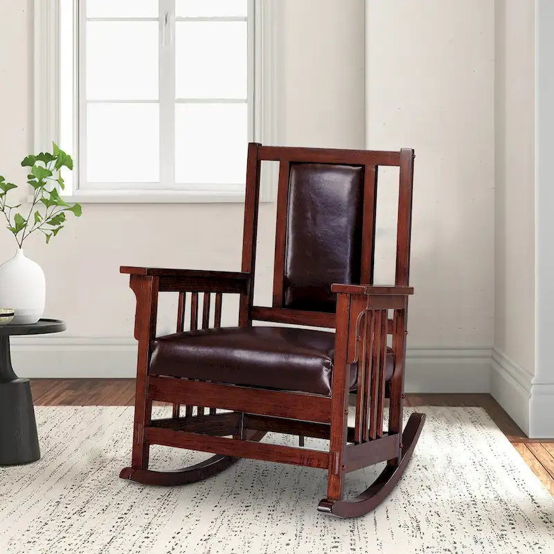 0c108d38872ec975f56e4d4af994e266155b3e08a7e0bf520273550395d09fbe Mission Style Rocking Chair, Leather Upholstered Seat Back, Tobacco and Dark Brown