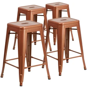 4 Pack 24H Backless Metal Indoor-Outdoor Counter Height Stool w/Square Seat(Copper)