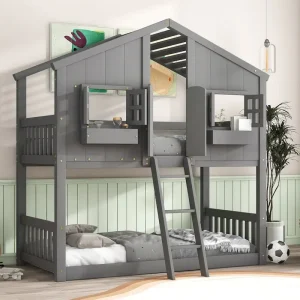Twin over Twin House Bunk Bed with Roof , Window, Window Box, Door , with Safety Guardrails and Ladder, Grey(N/a (1))