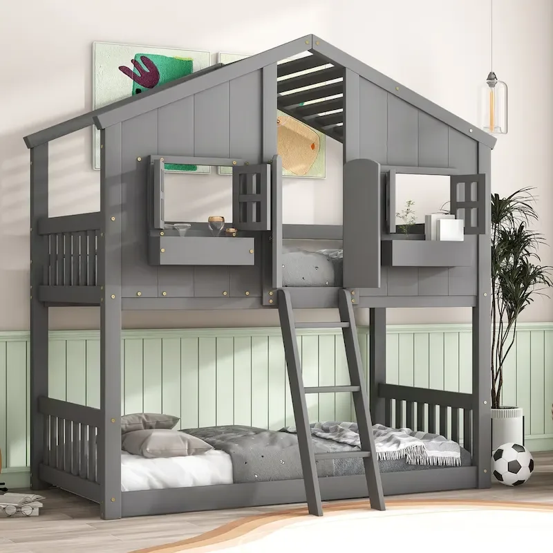 0d6ec464d76bf39b450d121d6881e21fac1b84b1ccd5627442315d28fbf2d4eb Twin over Twin House Bunk Bed with Roof , Window, Window Box, Door , with Safety Guardrails and Ladder, Grey(N/a (1))