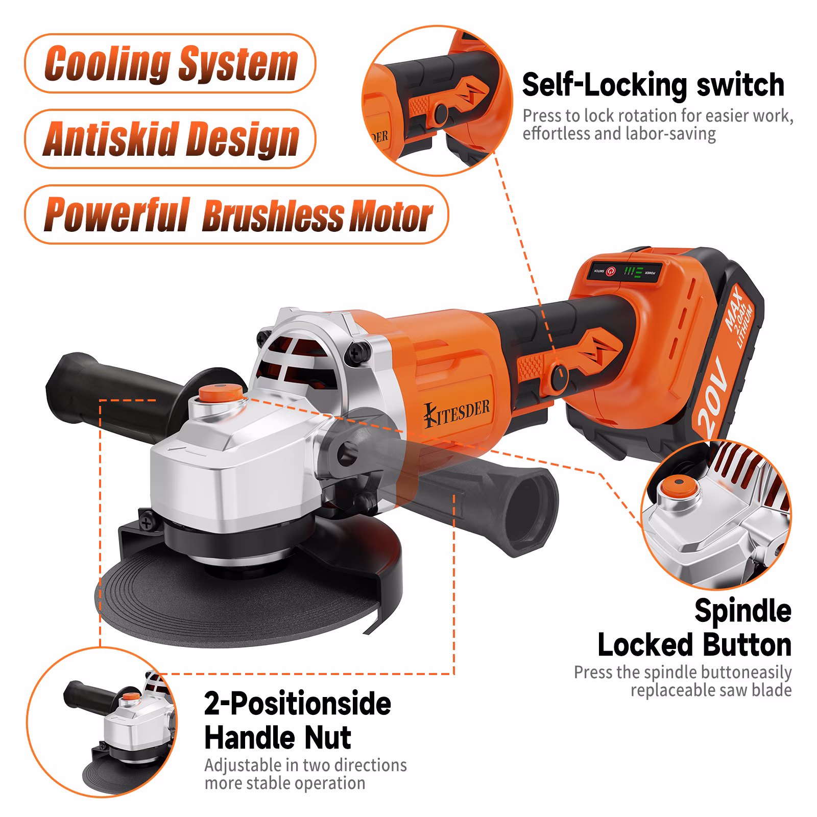 Rechargeable Cordless Angle Grinder Polisher with Lithium Battery, Fast Charger & Accessories, for Tile Stone Steel Grinding Polishing, Local Warehouse Shipping
