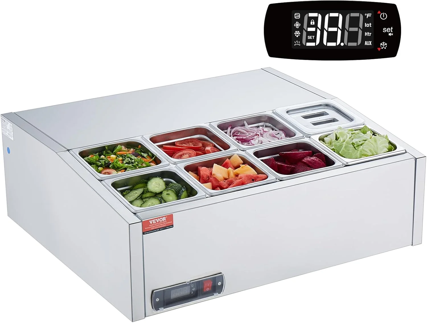 0e6e114cc5294a2ec49f69417240e117d0bc463b895bda3eb63229a5c38b4292 Refrigerated Condiment Prep Station, 135 W Countertop Refrigerated Condiment Station, with 2 1/3 Pans 4 1/6 Pans, 304 Stainless Body and PC Lid, Sandwich Prep Table with Stainless Guard, ETL(Stainless 60in)