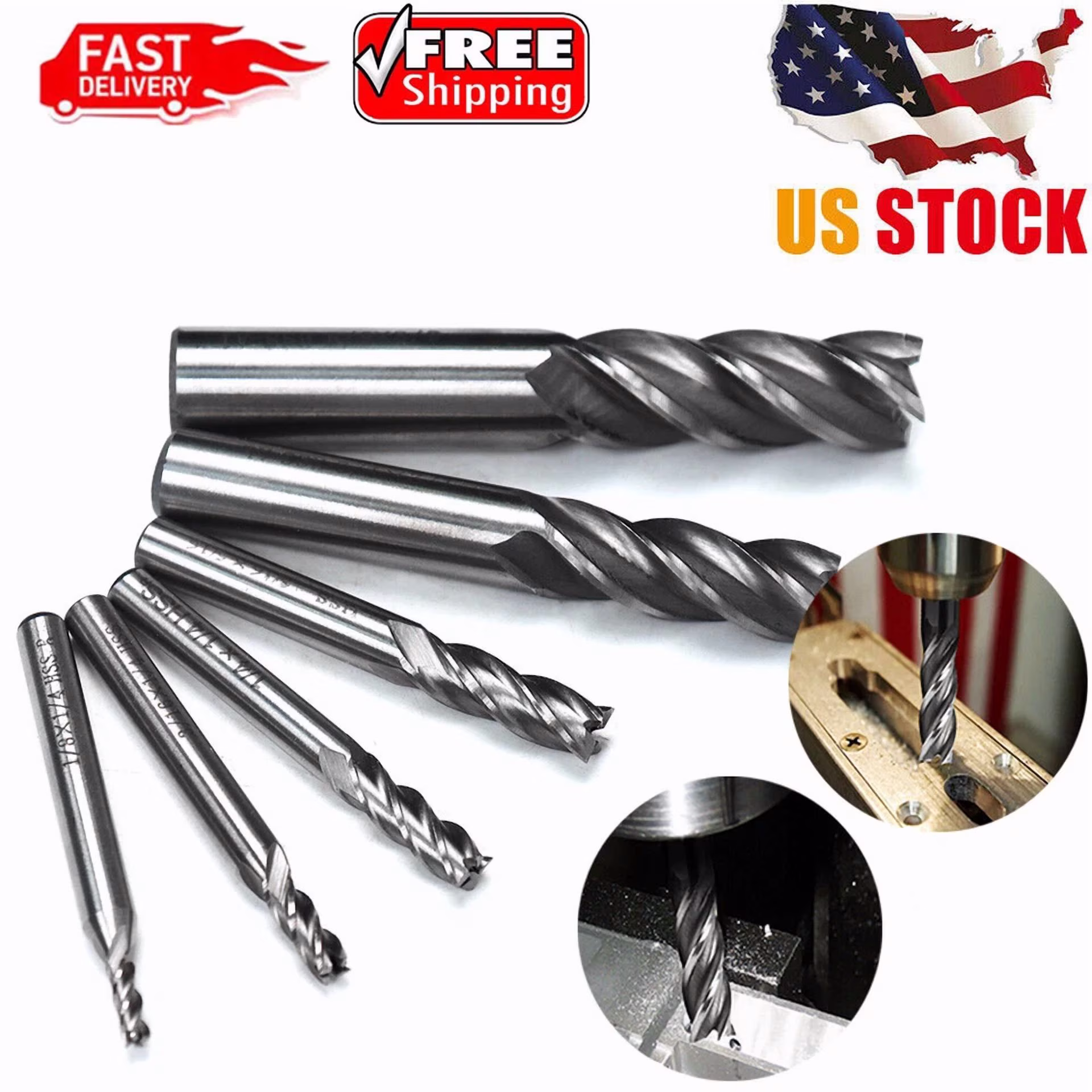 YANI -6Pcs Hss Cnc 4 Flute Spiral Bit End Mill Cutter Set 1/8-5/8 Shank