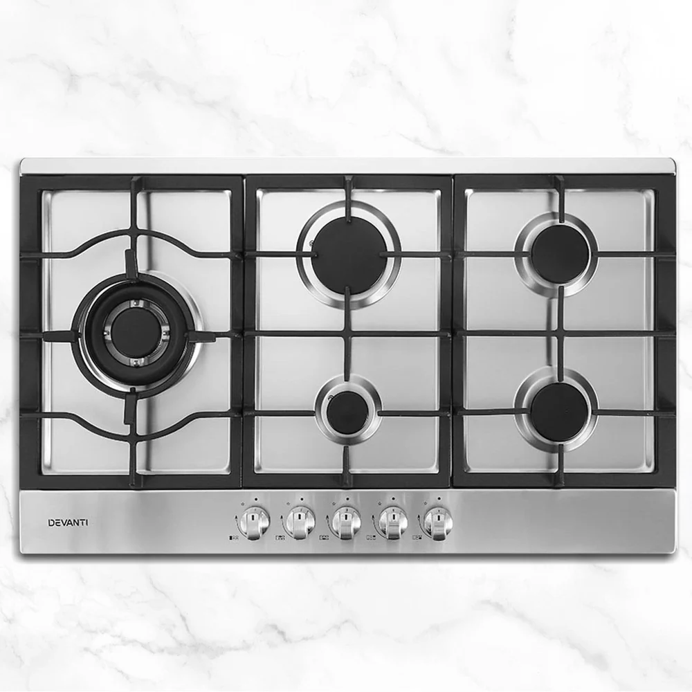 103d0b786c233fe56e4e461280a88acab9e8e310a2df261bba9f8bb02a4631ed Devanti Gas Cooktop 90cm 5 Burner Silvir