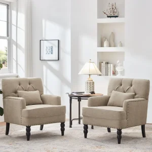 Set of 2 Arm Chair Upholstered Button Tufted Accent Chair with Lumbar Pillow Beige/ Grey/ Light Blue(Grey)