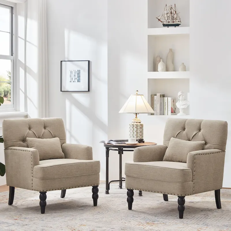 104b426591567d8e85eebcc79f2ed275205c7277c2f4f43f29262001892cbb79 Set of 2 Arm Chair Upholstered Button Tufted Accent Chair with Lumbar Pillow Beige/ Grey/ Light Blue(Grey)