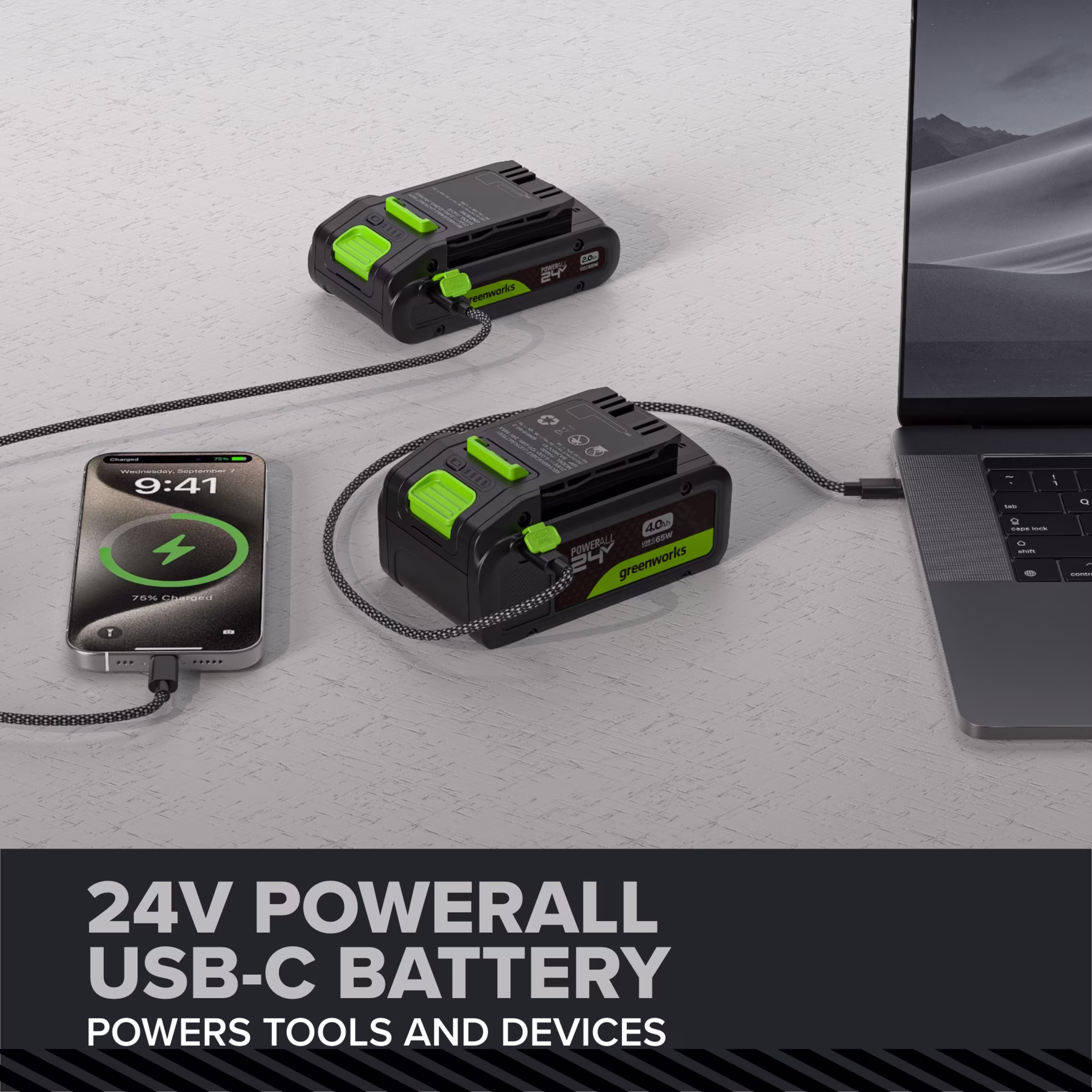 106145730a373fbcb49d53e4c9a030521f0555bfbe5130ba40fbf859a6e322fd Greenworks Pro PowerAll 24V Brushless 2200 In-lb Impact Driver, 2Ah USB-C Battery, 65W Charger and Cable, ID5250A2