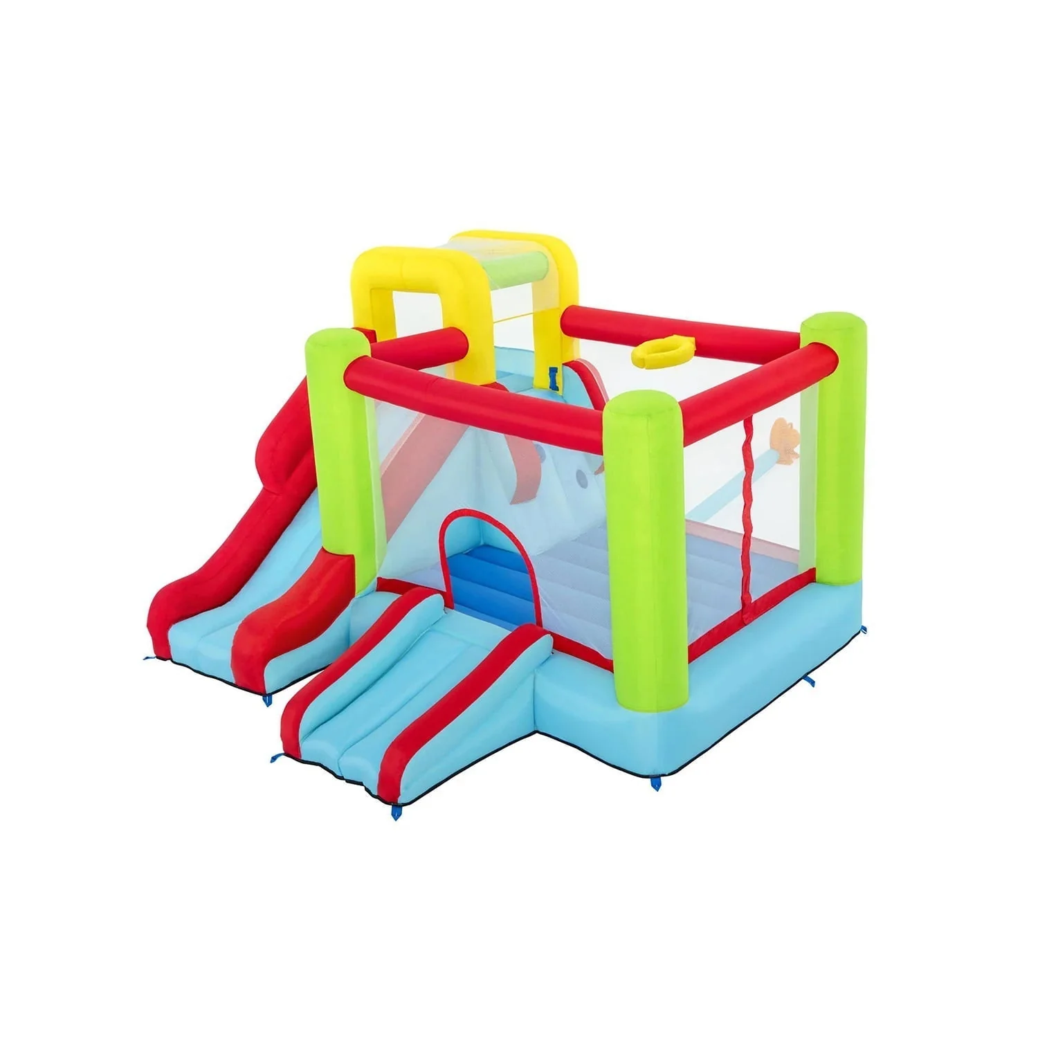 1099d61eecba300c3fc36a656cf11951c114ff7211ab1bc4aea98139ce65cba2 Up, In and Over Wonder Hoops 10' Inflatable Bounce House Park with Basketball and Slide. 126