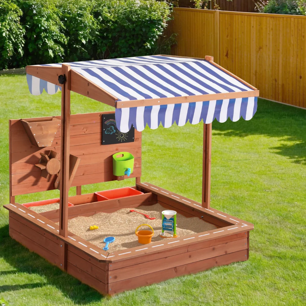 1115371f70d38277dd3ab480cca97334fd6fc88c4f065c9e4567a01f851bd68a Adjustable Canopy Wooden Kids Sandpit w/ Cover, Extras - Keezi