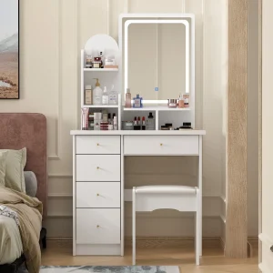 Makeup Vanity Set Table With LED Light Mirror  Stool(White)