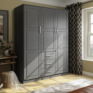 Palace Imports 100% Solid Wood Cosmo 3-Door Wardrobe Armoire with Solid Wood or Mirrored Doors(Mocha)