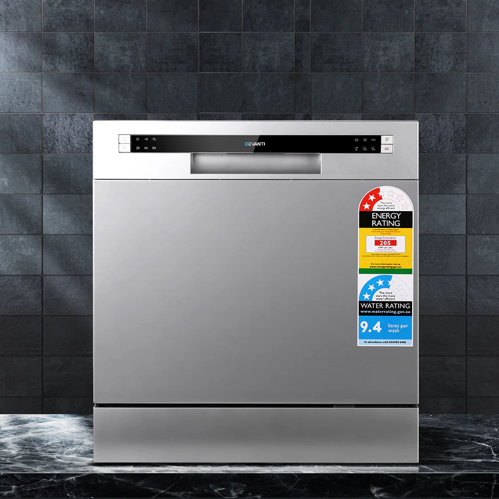 12601878b7b63a1bf1a10b2d813be24e9048c68c97d6535f7b48a14f89727846 Devanti 8 Place Settings Benchtop Dishwasher Sliver