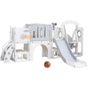 Keezi Kids Slide Swing Set Basketball Hoop Ring Football Outdoor Toys 132cm grey