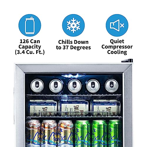 1378f629b1339ae40c6a6a4d92af5f95da4e816a52f392459e1ab5530a62f81a Beverage Refrigerator Cooler | 126 Cans Free Standing with Right Hinge Glass Door