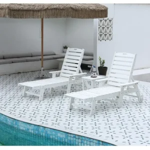 3-Piece Patio Set  2 Oversized Chaise Lounges (5-Position, Wheels, Cup Holder) + Side Table, All-Weather Wood Texture.(White)