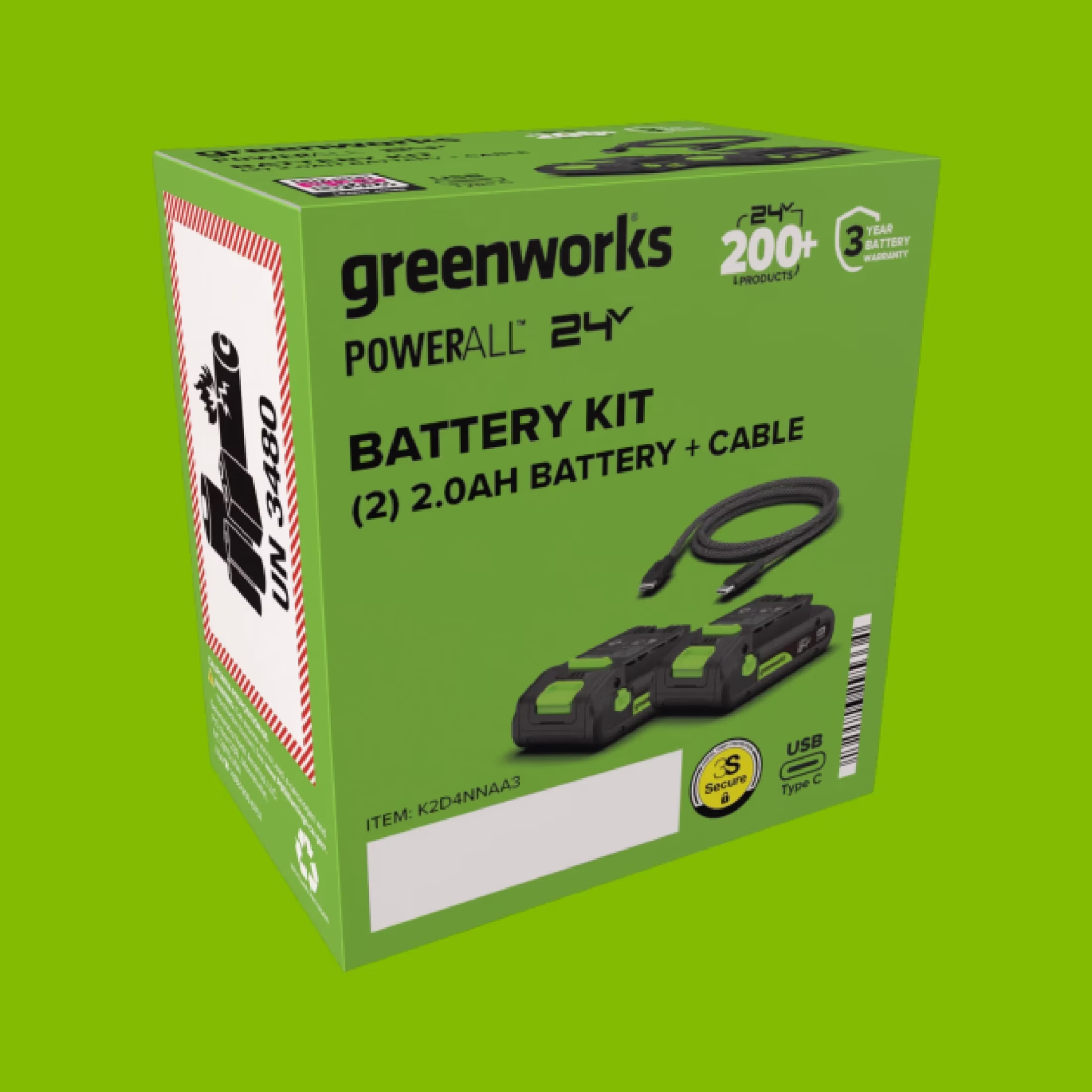 13bb1265617db65cfef12a8859a319639aed15e349c8fd56eaebee26c0989144 Greenworks PowerAll 24V Battery 2-Pack with 2.0 Ah Batteries with Cable, K2D4NNAA3