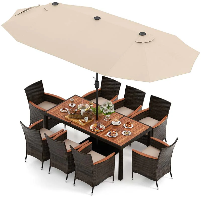 13f9c62389f539ef946077399b5059353b95353f5a47eebaeb4b45a7fe7c3104 10Pcs Patio Rattan Dining Set with 15FT Double-Sided Umbrella, Heavy Duty Acacia Wood Table Stackable Wicker Chairs(Beige)