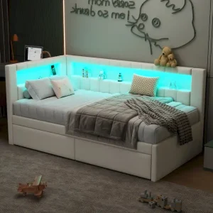Upholstered Platform Bed with USB Ports  LED Lighting - Full/Twin Size Bed Frame with 2 Storage Drawers - Modern Bedroom(White/TWIN)