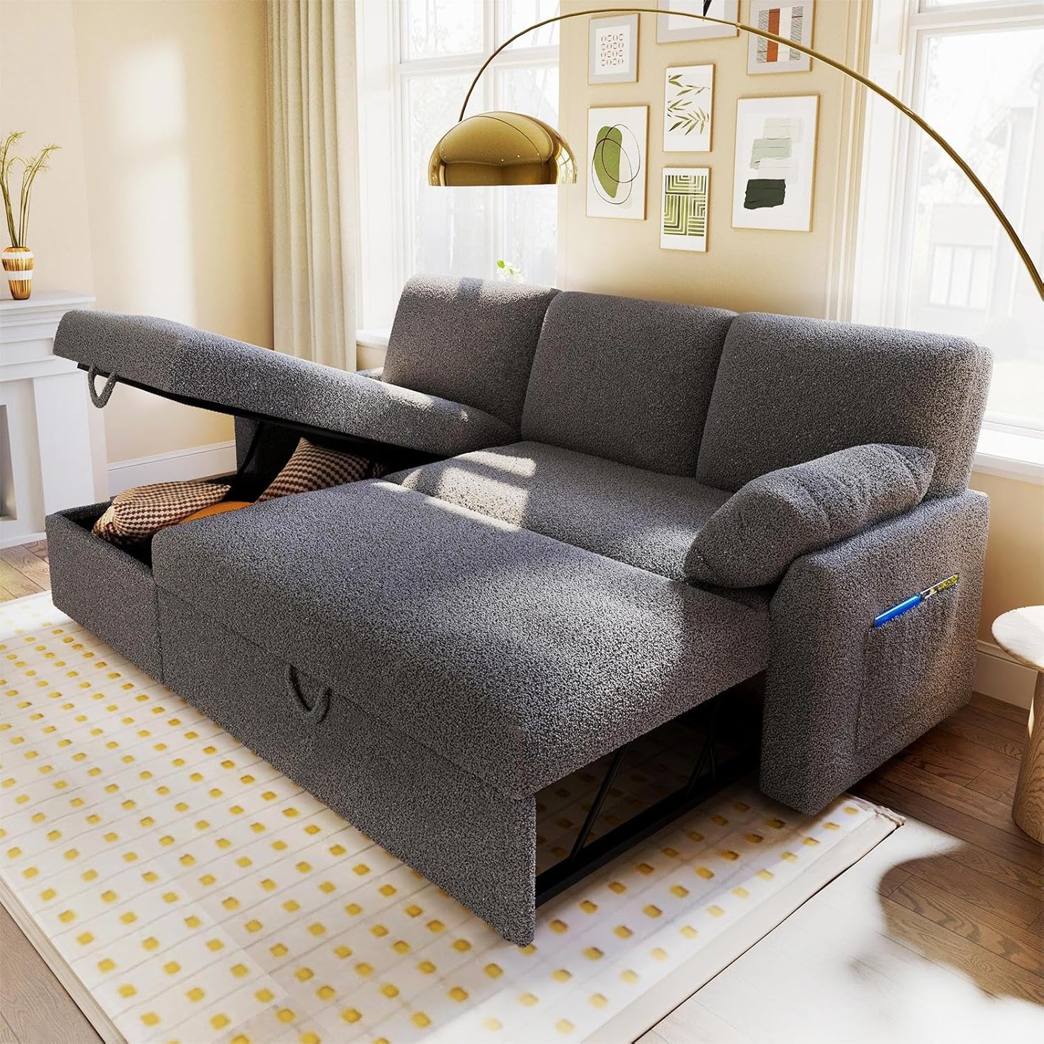 14c1b65368f89ca1f80ff580de8330f7aceea7766caa31de0fc864b5f9bd7c8d VanAcc Sofa Bed, Sleeper Sofa with Storage Chaise 2 in 1 Pull Out Couch Living Room(84in x 59in/Dark Grey)
