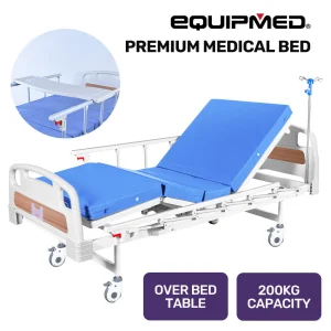 EQUIPMED Medical Bed, w/ Mattress  Over Bed Table, Easy Manual Back and Leg Incline Adjustable, IV Pole, Home Aged Care or ICU Hospital