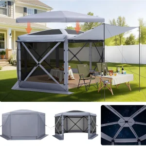 VEVOR 12 * 12ft 6 Sided Pop-up Canopy Shelter Tent with Mesh Windows, Portable Carry Bag(Brown/6x6ft)
