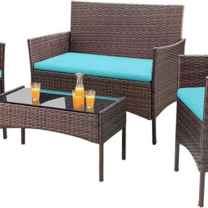 Homall 4 Pieces Outdoor Patio Furniture Sets Rattan Chair Wicker Set, Outdoor Indoor Use Backyard Porch Garden Poolside Balcony Furniture Sets Clearance (Brown and Beige)(Blue)