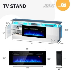 70 TV Stand with 36 Fireplace and Adjustable Shelves(White)
